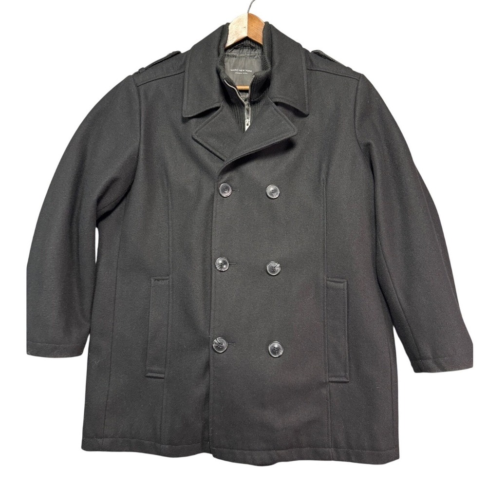 Marc New York Pea Coat Mens Black Wool Blend Double Breasted Bib Jacket | L